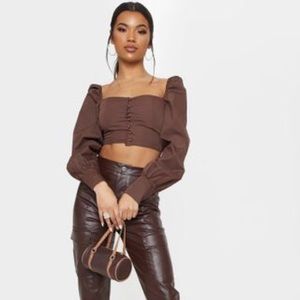 Brown Button Front Puff Sleeve Top